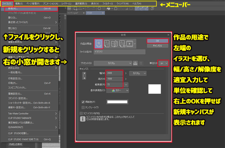 クリップスタジオ　新規キャンバスの作り方