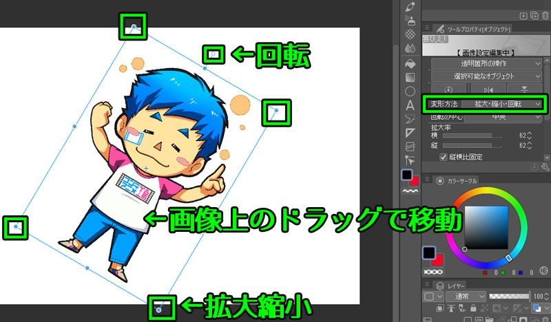 クリップスタジオペイント　画像素材レイヤー　リサイズハンドル　使い方